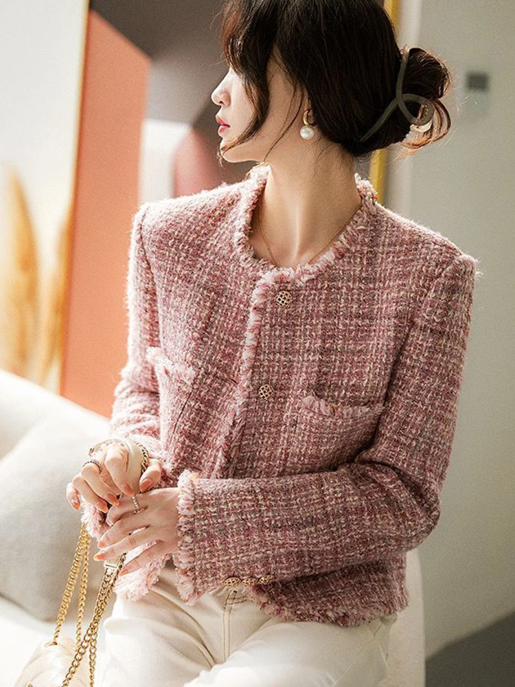 Elegante Dünne Frauen Tweed Jacke Vintage Französisch Langarm Süße Kurze Mantel Herbst Winter Weibliche Retro O Neck Einreiher Tops