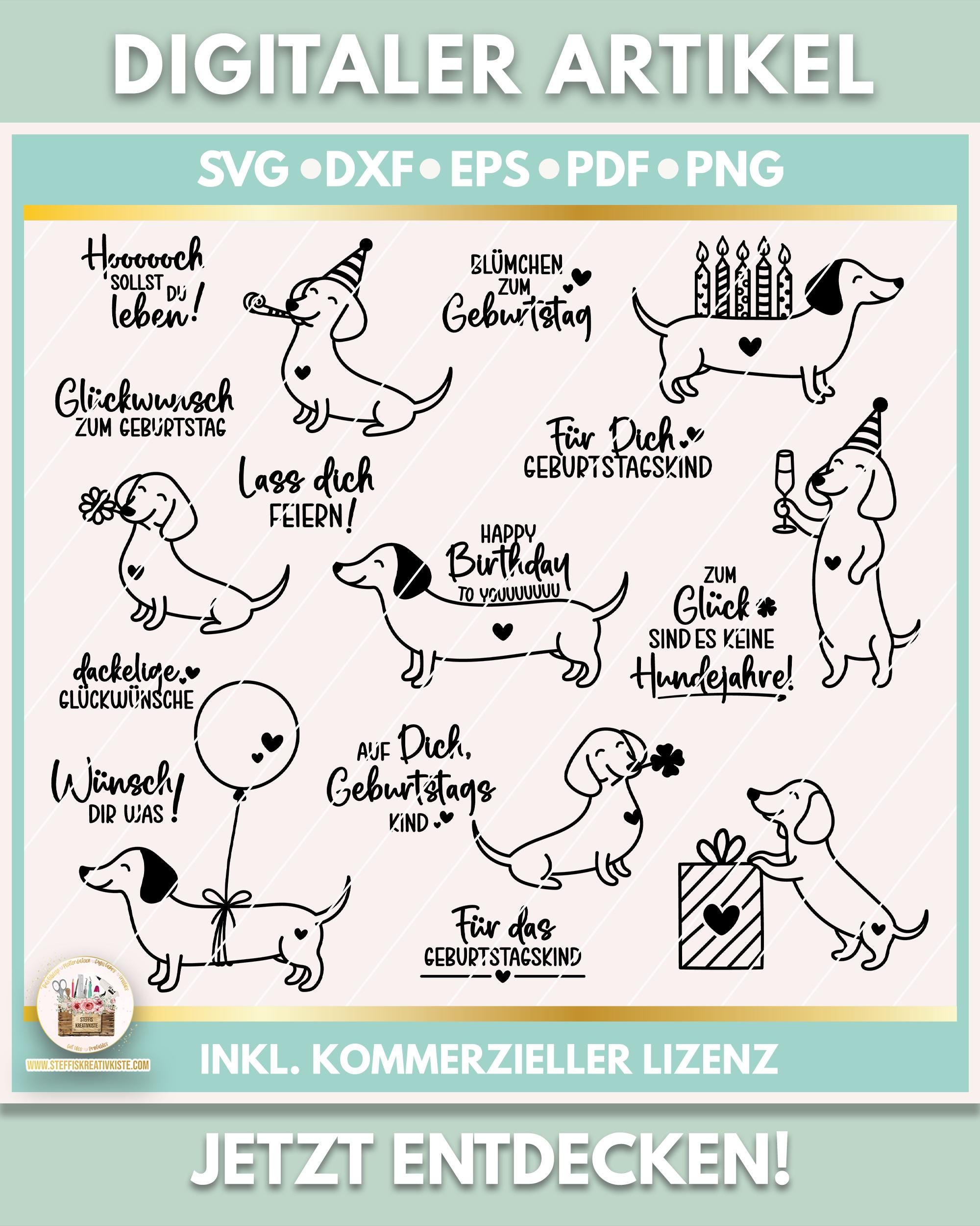 Pacchetto di file plotter: compleanno del bassotto con detti tedeschi (SVG), clipart del compleanno del bassotto (PNG), file laser del cane bassotto,