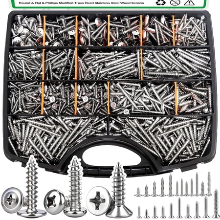 810PCS 304 Stainless Steel Wood Screws Assortment Kit #8/M3/M4/M5/M6 Self Tapping Screws Pan Head Flat Head Phillips Truss Head for Wood
