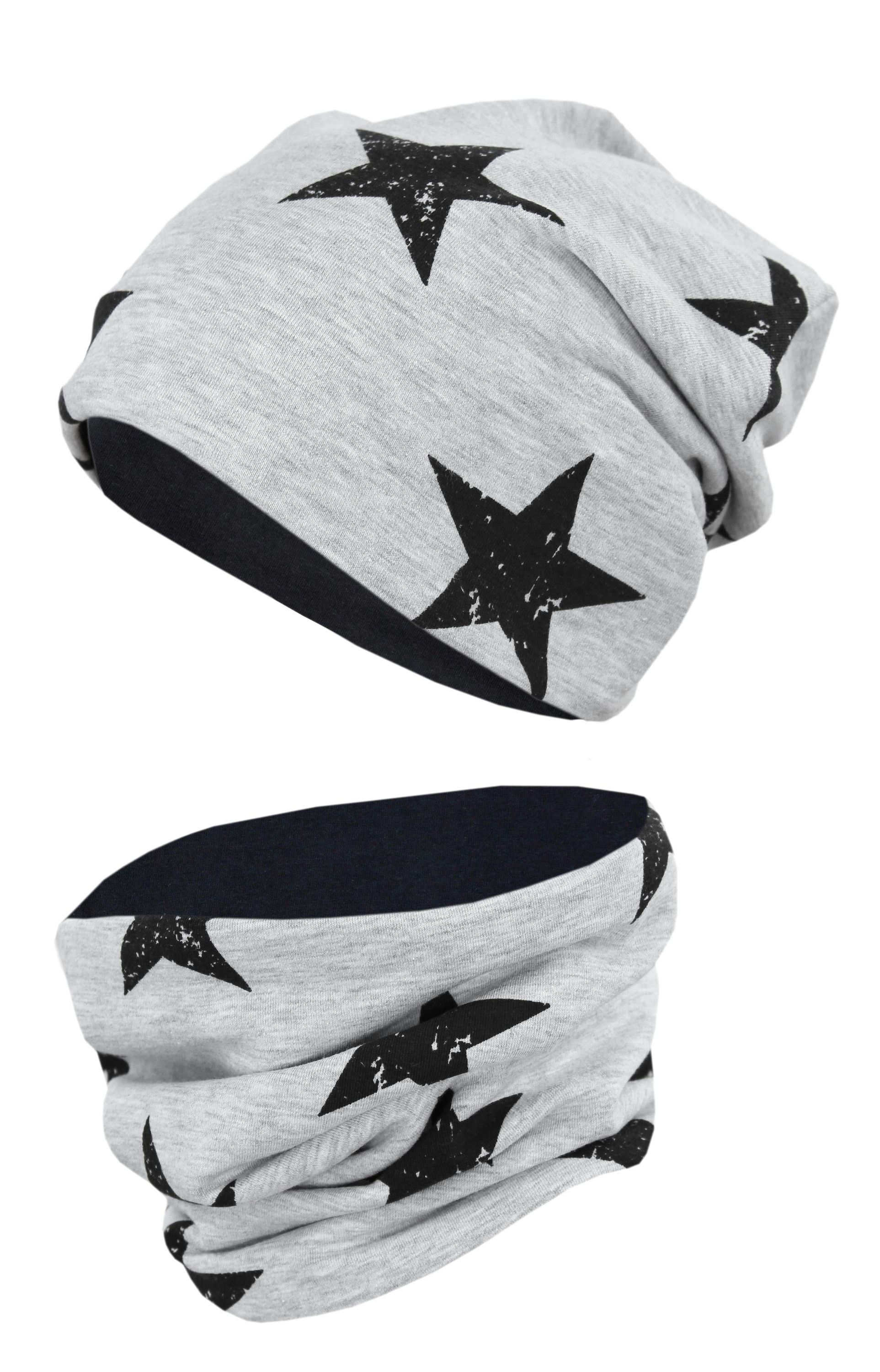 Beanie TUPTAM "Mütze Unisex Kinder Beanie Mütze Schlauchschal Set", Jungen, Gr. 56, schwarz (sterne schwarz, grau meliert), Obermaterial: 95% Baumwolle CO. 5% Elasthan EL., Mützen Beanie Image