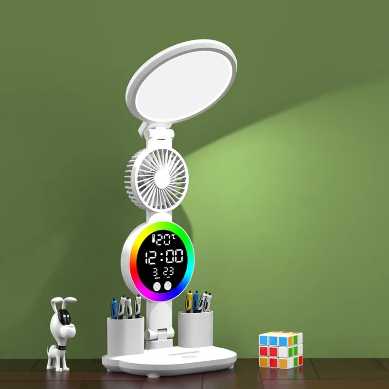 Lampe de Table Rechargeable pour étude, lampe de bureau lampe de lecture lampe de Table Led avec ventilateur, lampe de lecture d'affichage d'horloge Led