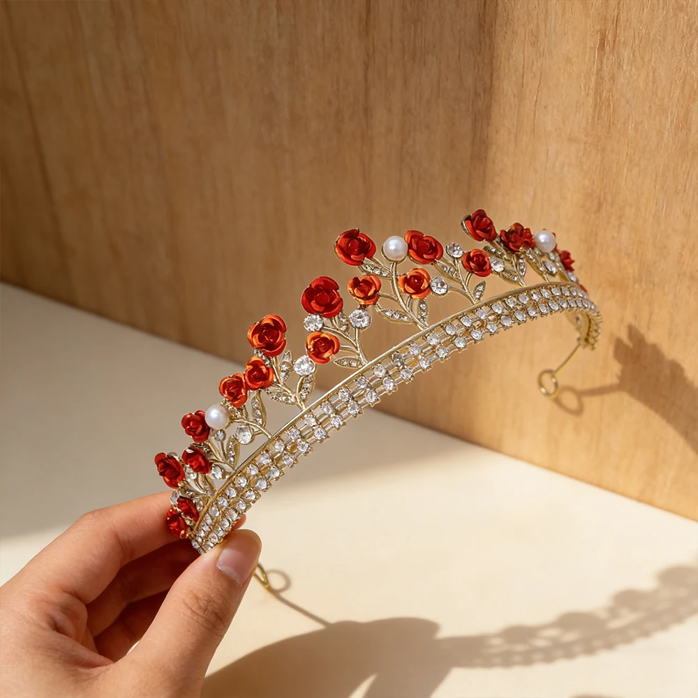 Retro Barock Palast Mehrfarbige Rosen-Perlen-Wasser-Diamant-Krone Romantische Mode-Dekoration Bankett Braut-Styling Haaraccessoire Image