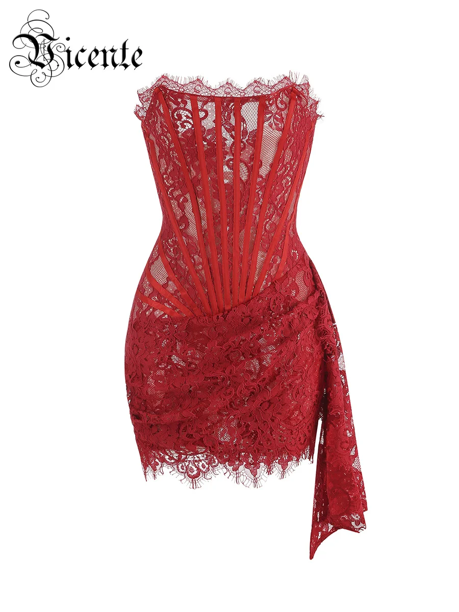 VC Weihnachtskleid für Damen, rote Spitze, sexy, trägerlos, ärmellos, schlankes Abendessen, kurzes Kleid mit Schnürung Image