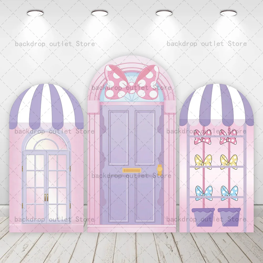 Mehofond Dreamy Bow Shop Arch Backdrop Cover Mädchen Babyparty Geburtstag Rosa Lila Party Fotohintergrund Dekoration Image
