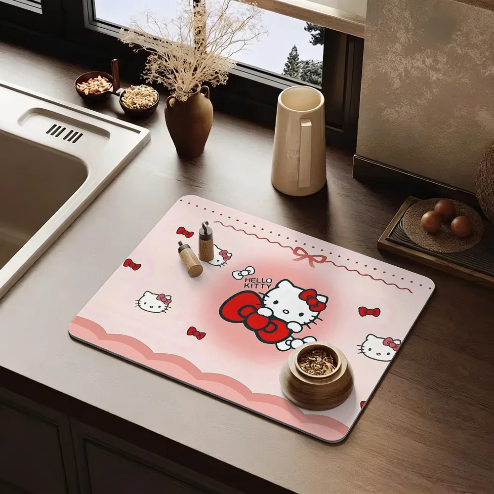 Hello Kitty Niedliche Rote Schleife Rosa Wellenrand Geschirrabtropfmatte Rutschfeste Waschbare Saugfähige Küchen-Arbeitsflächenmatte