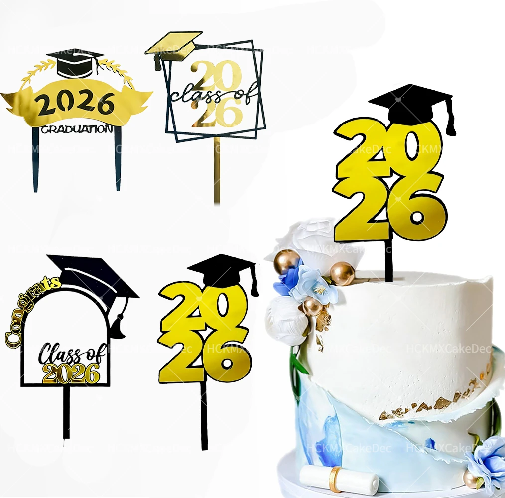 3-teiliges Set Schwarz-Gold Acryl Abschlussfeier Saison 2026 Tortendekoration für Abschluss-Themenparty Kuchendeko-Zubehör Image