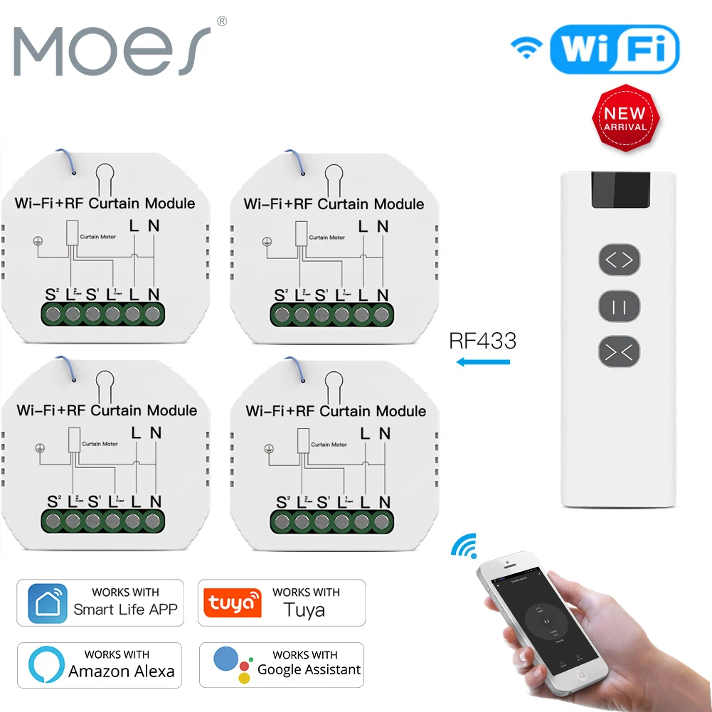 MOES Tuya WiFi RF Rollos Vorhang Steuermodul Auslöseschalter mit Fernbedienung für Elektromotor Sonnenschutz Google Home Alexa