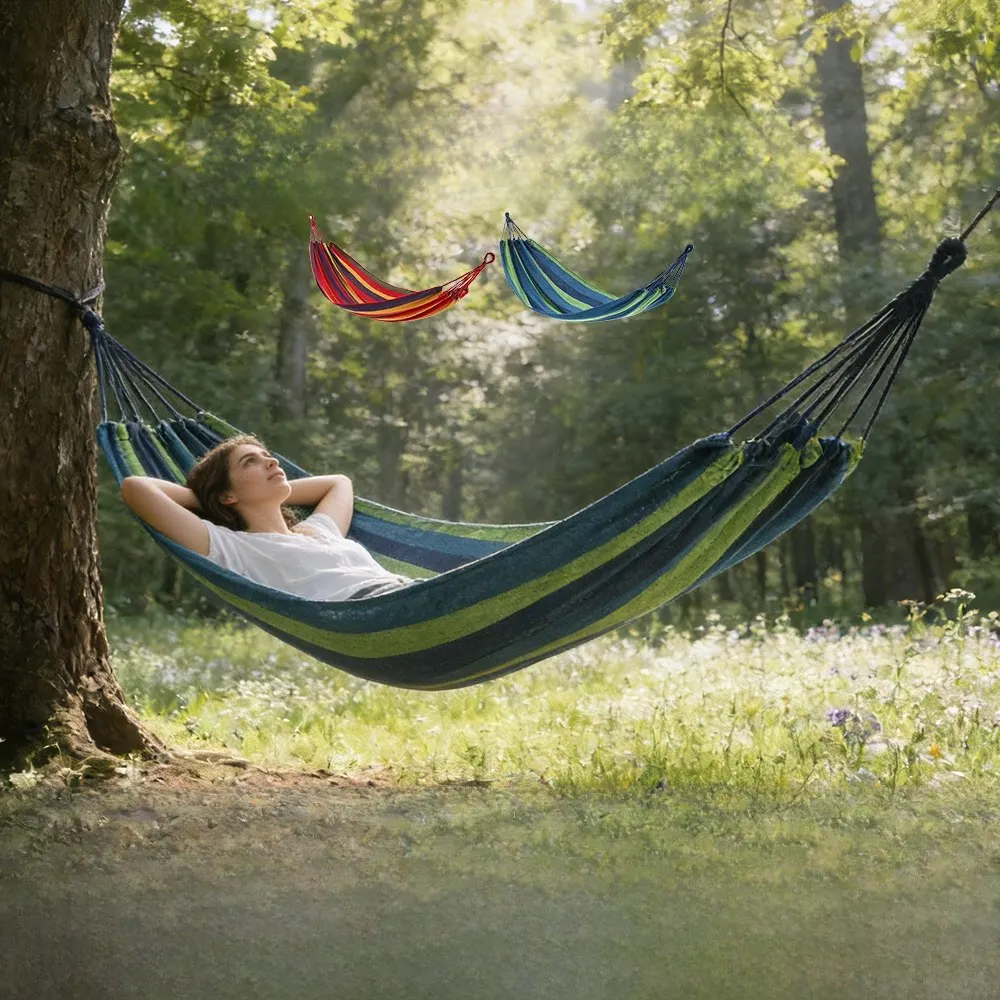 Hochbelastbare Doppel-Hängematte für Outdoor, Tragbare Camping-Schaukel-Hängematte, Reißfeste Leinwand-Hängematte für Terrasse, Garten, Wandern und Reisen Image