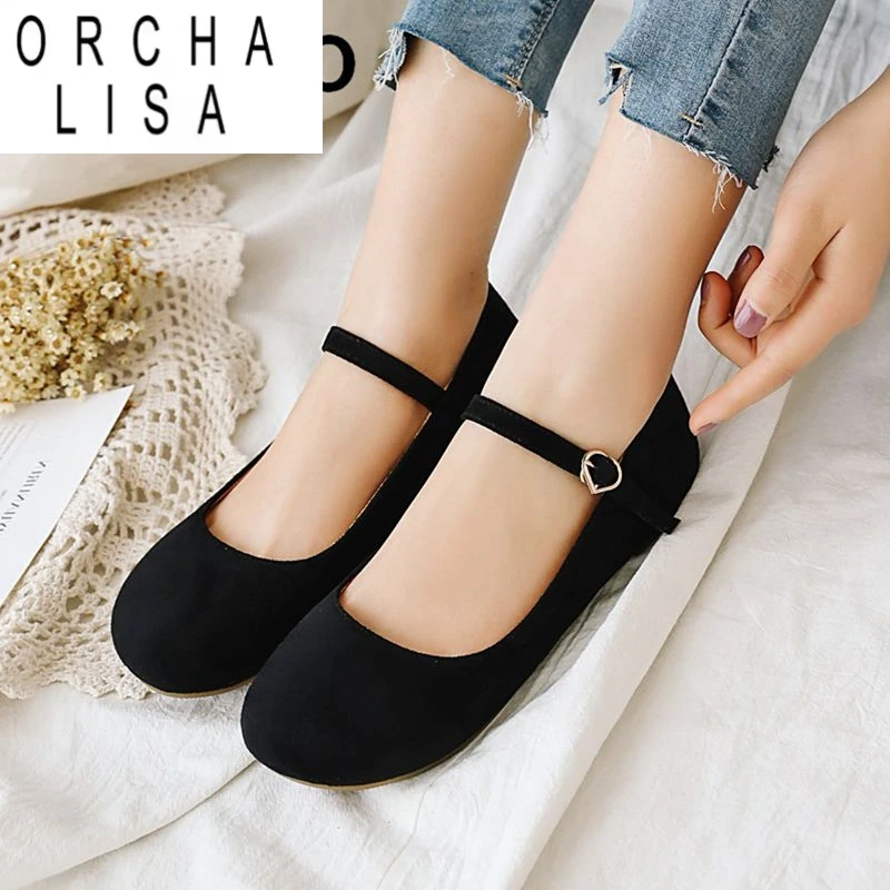 ORCHA LISA Marke Weiche Frauen Wohnungen Runde Kappe Schnalle Flock Wildleder Große Größe 44 45 46 Casual Täglichen Schuhe für Weibliche 31 32 33
