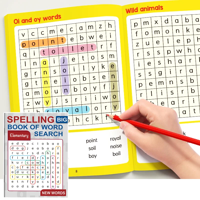 Rechtschreibspiel-Wortbuch für Kinder, Englische Wörter, 32 Seiten, Schatzsuche-Buch, Suche nach versteckten Wörtern Image