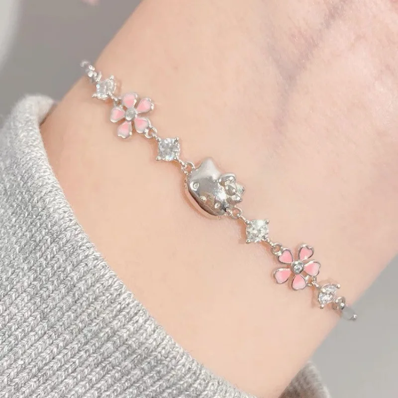 Elegantes Feenhaftes Rosa Kristall-Zirkon Sakura-Blumen Armband für Frauen Y2K Süße Mädchen Kirschblüten Mond Schleifenknoten Schmuck Geschenke
