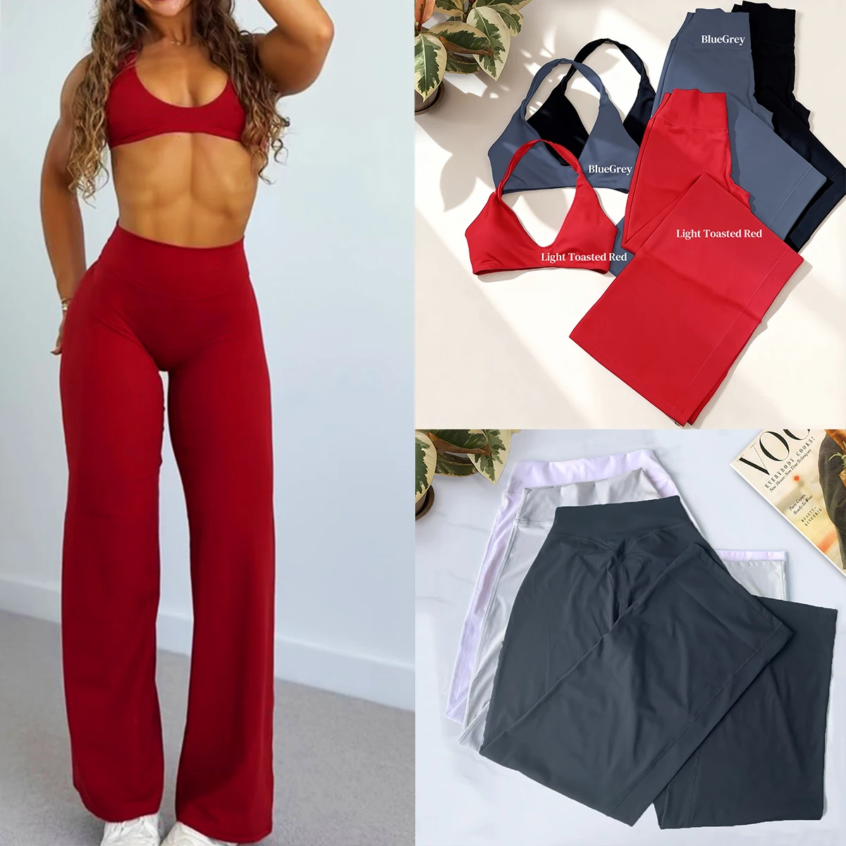 Softmotive 2-teiliges Fitness-Set für Damen Gerade Hosen Weite Leggings & Neckholder-Top mit Eingebautem BH Fitness-Anzug Sportbekleidung Image