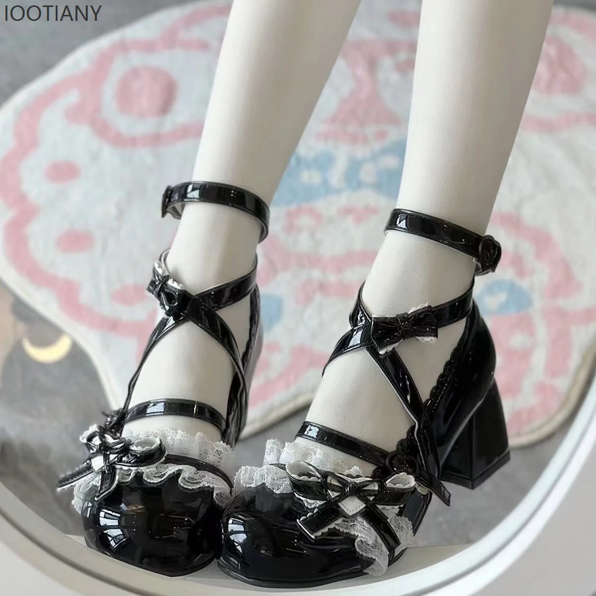 IOOTIANY Original Nette Lolita Jk Spitze Kleine Leder Schuhe Runde Kopf Bogen Rüschen Puppe Süße Mary Jane Mid-ferse High Heels 2025