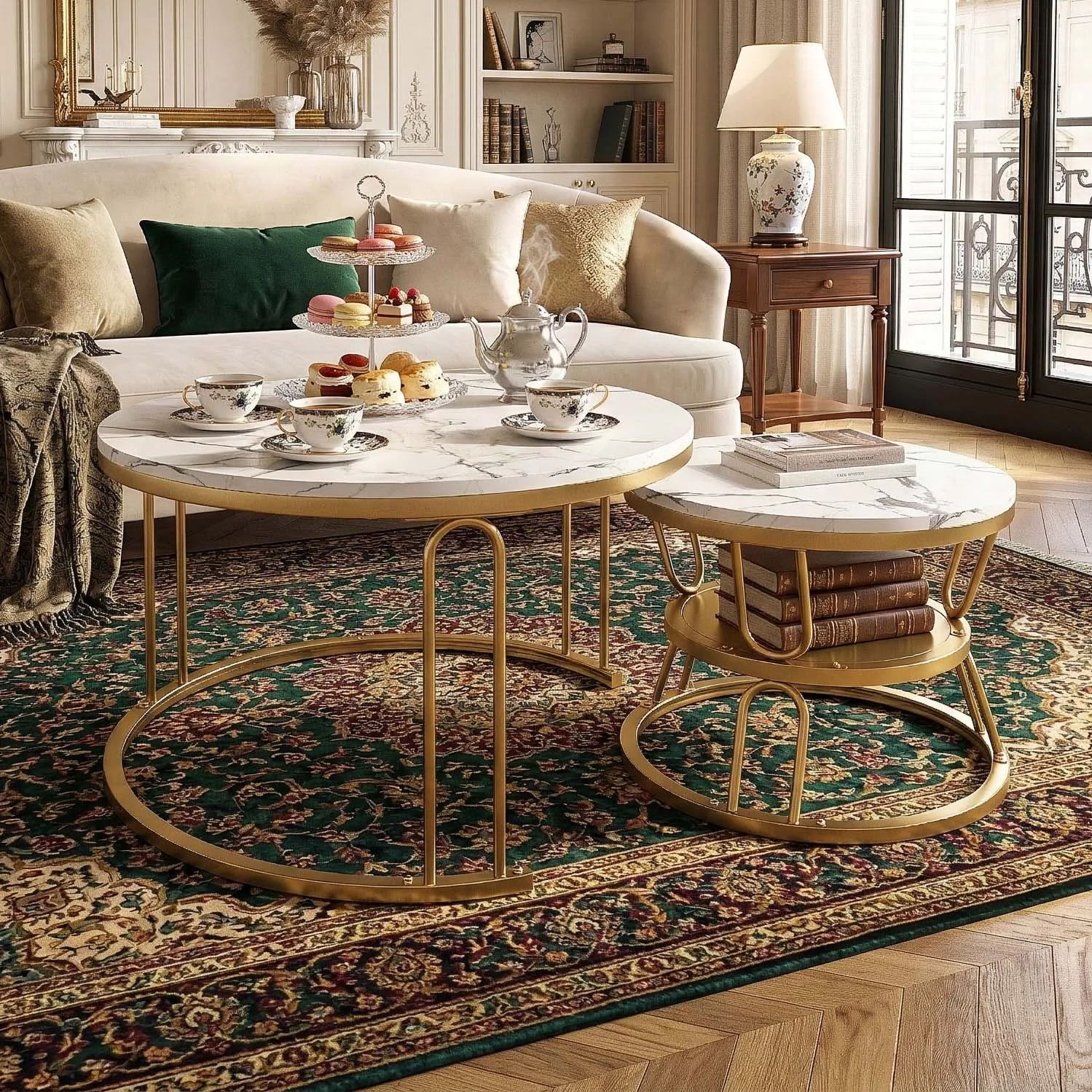 Set aus 2 Couchtischen im U-Design, weiße Marmorplatte, goldene Metallstruktur, moderne, schicke Wohnzimmertische Image