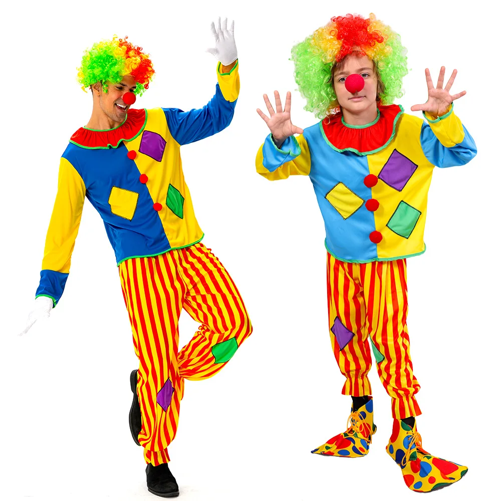 Eltern-Kind-Karnevalskostüm Zirkusclown Cosplay-Kostüm für Erwachsene und Kinder Geburtstagsparty Bühnenauftritt Schuhfreies Nasen-Perücken-Set Image