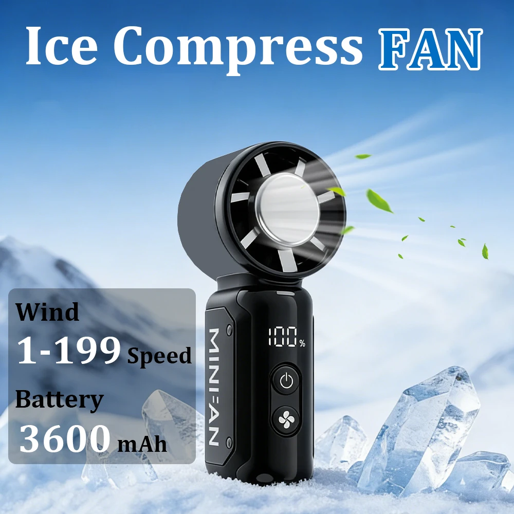 Mini-Kühlventilator 3600mAh Mini-Taschenventilator 1-199 Geschwindigkeitsstufen Hochgeschwindigkeitslüfter mit Kühlpack USB-Aufladbarer Ventilator für Make-up, Reisen, Outdoor Image