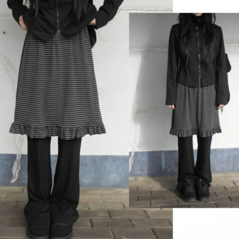 Deeptown Y2k Schwarz Vintage Gestreiften Frauen Gefälschte Zwei-stück Rock Hosen Süße Rüschen Hohe Taille Koreanische Mode Hosen Dünne beiläufige