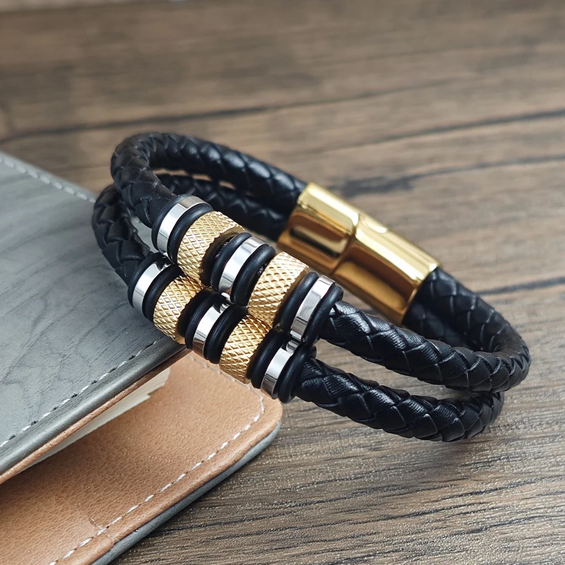 Punk-Style Ananas-Muster Herren-Schmuck Lederarmband mit Schwarz/Gold/Silber Mehrschichtigem Edelstahl Offener Armreif Geschenk