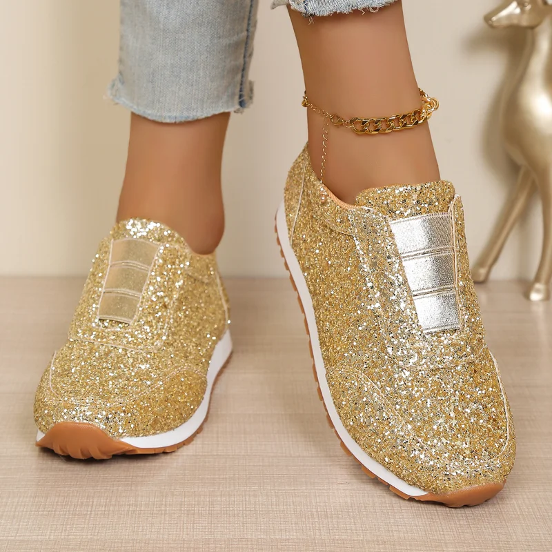 2026 Frühling Neue Mode Slip-on Sneaker mit Niedrigem Absatz für Damen Gold Silber Trend Sportschuhe Damen Outdoor Freizeitschuhe zum Gehen