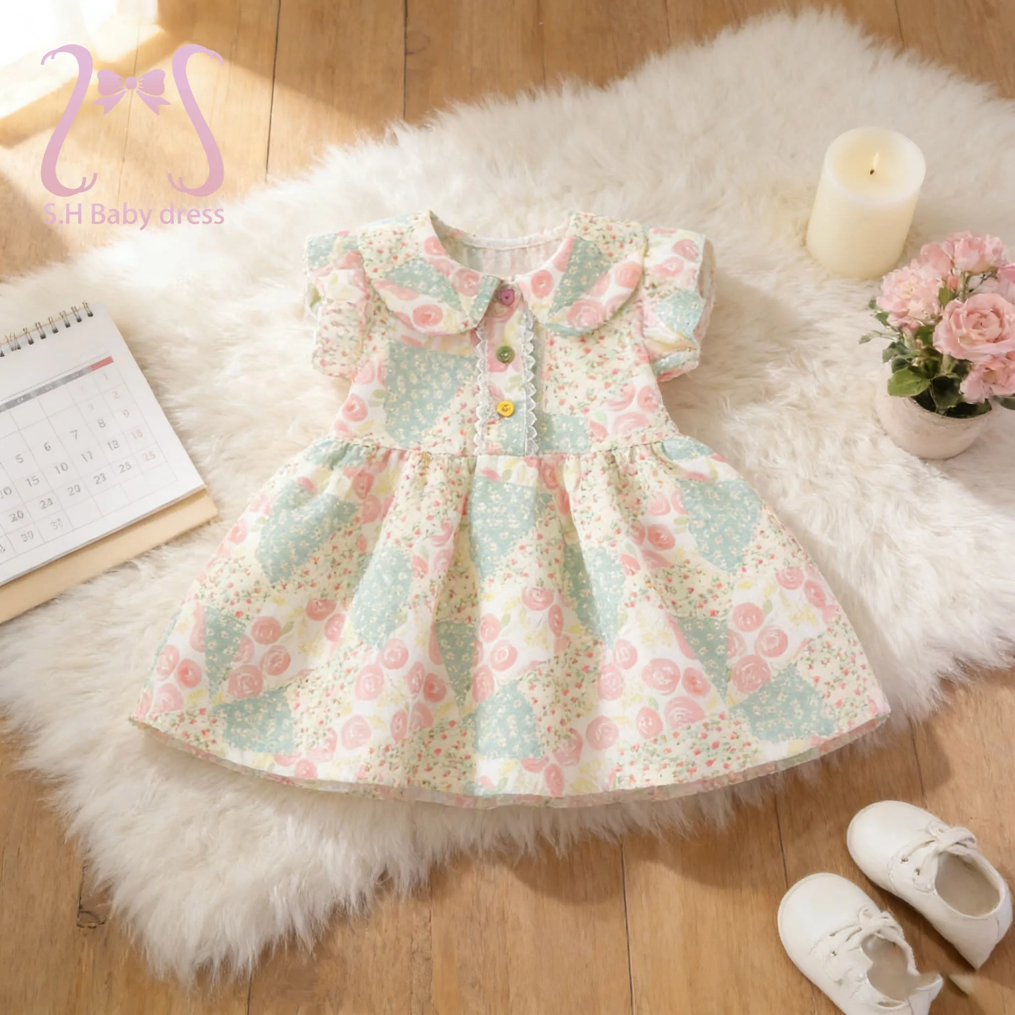 Süßes Sommerkleid mit kurzen Ärmeln für Babys im pastoralen Stil, schöne Kleidung für Kleinkinder, weiche Kleidung für 0–4 Jahre, Kinderkleidung Image