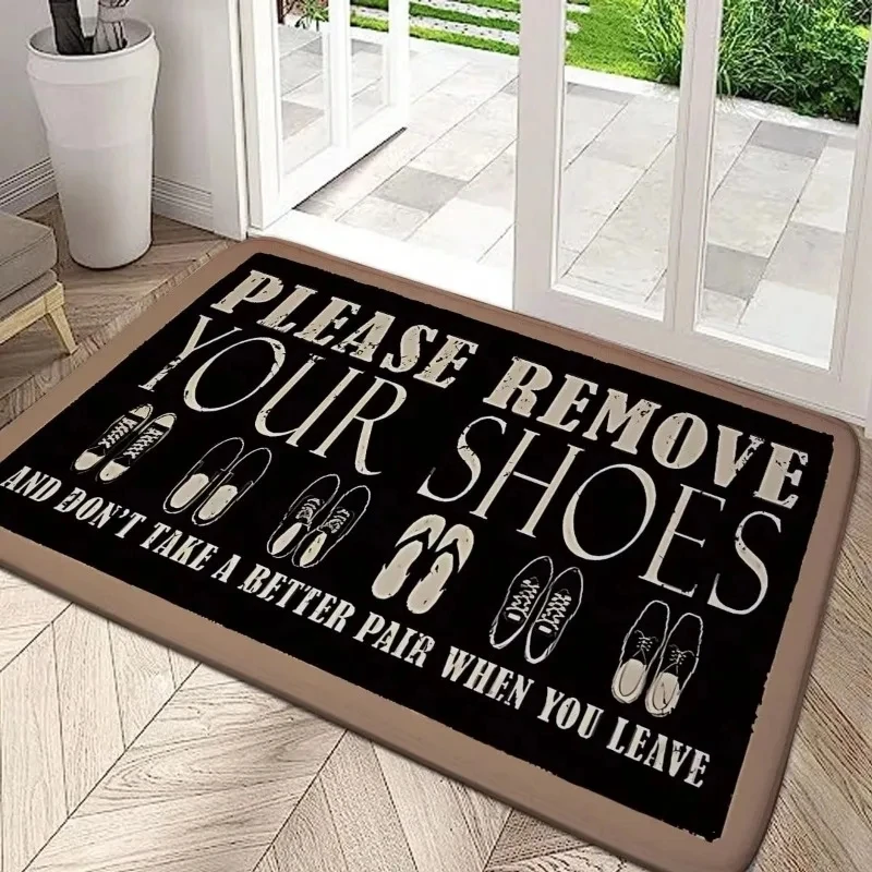 Einfacher inspirierender Textteppich „Bitte ziehen Sie Ihre Schuhe ab“ für Wohnzimmer, Schlafzimmer, Eingangsbereich, einfache Haustürmatte, einfacher Heimteppich Image