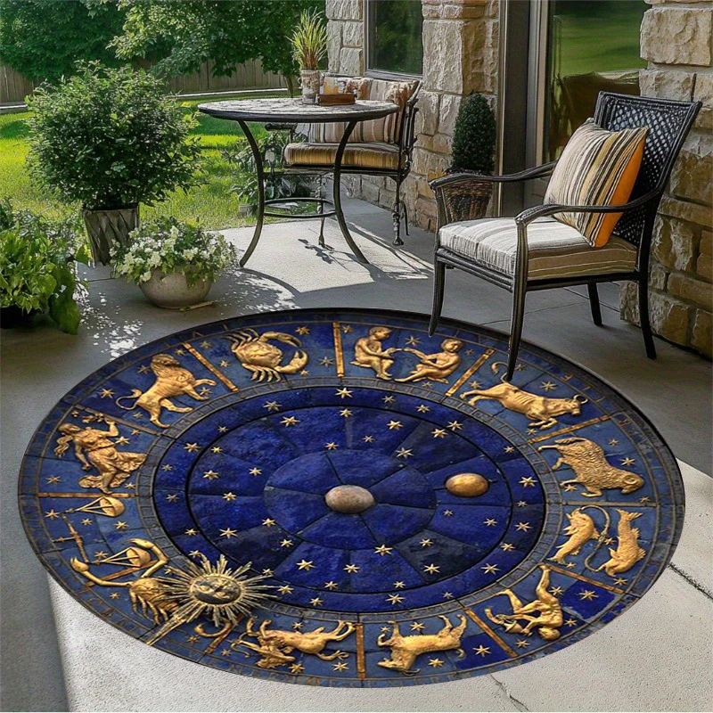 Runder Teppich mit Vintage-Motiv, Sternzeichen, Sonne, Mond, Stern, waschbar, rutschfest, für den Innen- und Außenbereich, für Terrasse, Wohnzimmer, Schlafzimmer, Dekoration Image