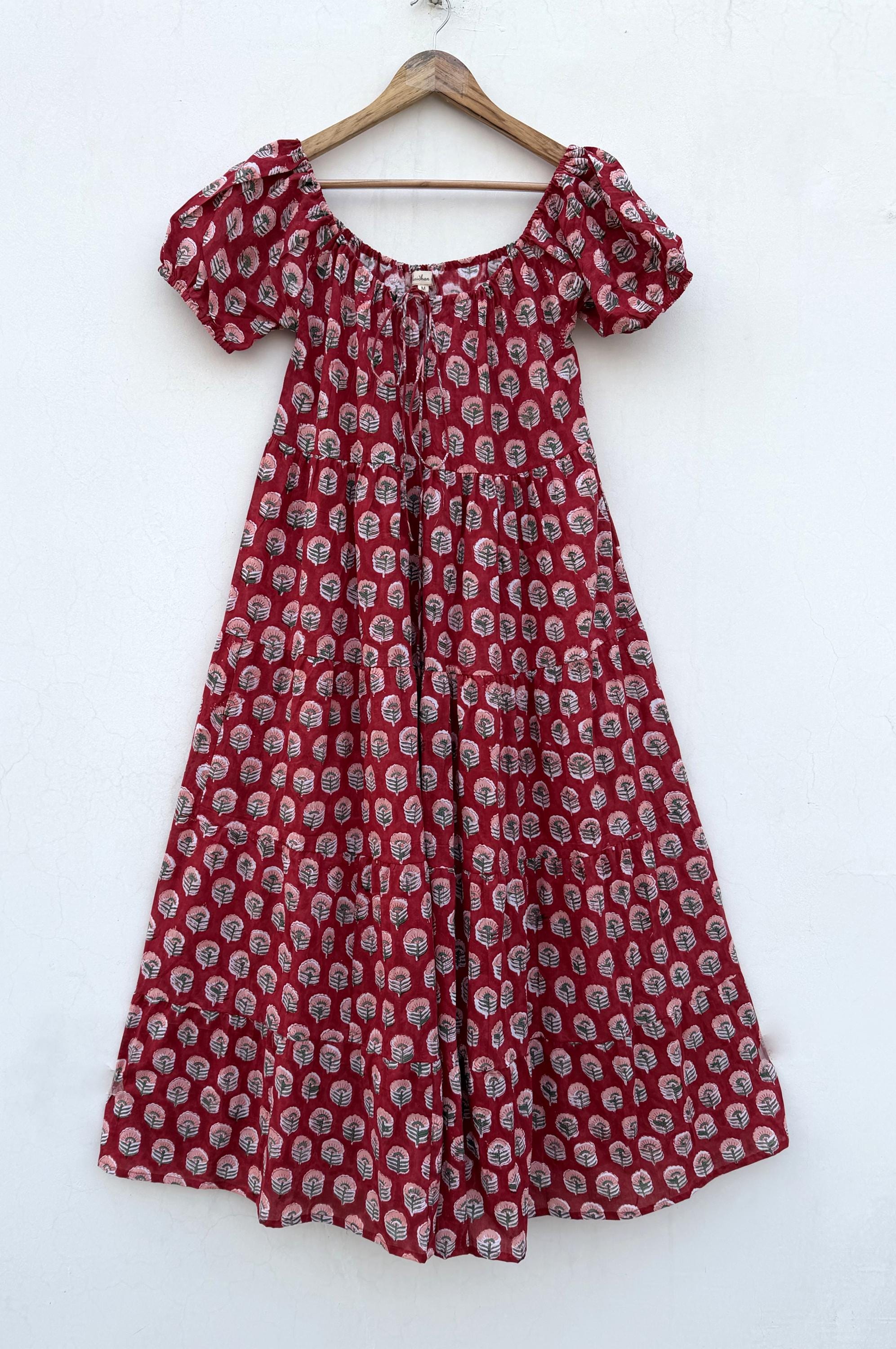 Abito lungo con stampa a blocchi di cotone / abito lungo estivo con scollo a barchetta e scollatura / abito lungo lungo boho a maniche corte