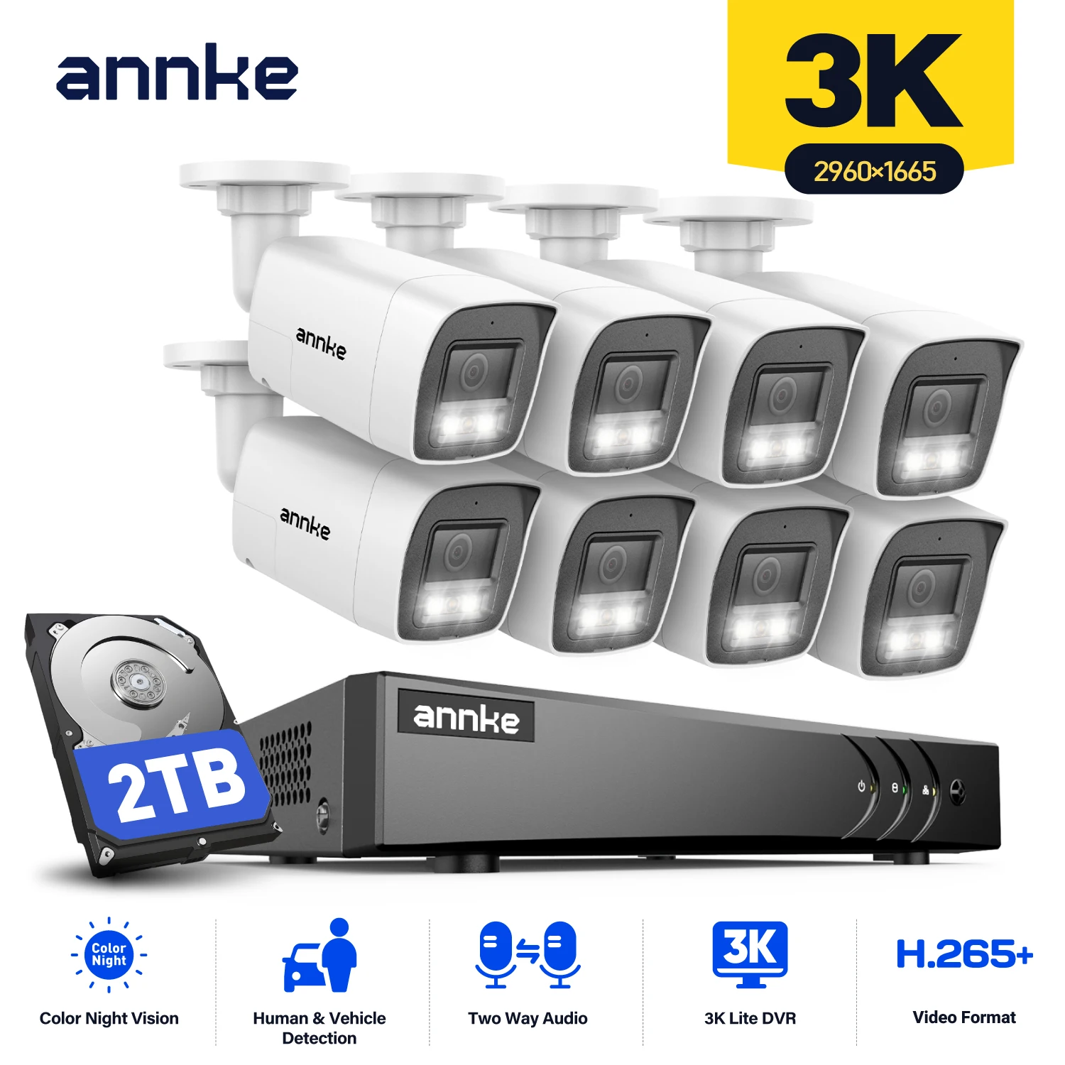 Sistemi di telecamere di sicurezza Annke 3K 5 in 1, DVR 8CH, telecamera analogica bullet 5MP, audio bidirezionale, visione notturna a colori, sistema di telecamere CCTV.