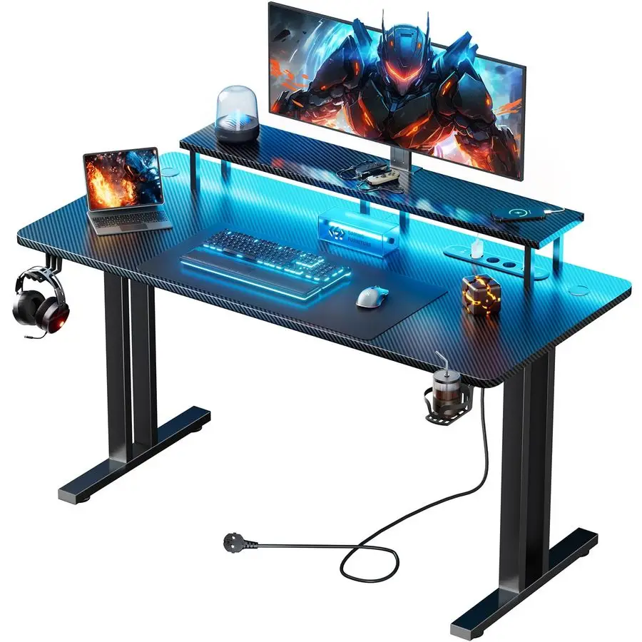 Gaming-Tisch mit LED, 120 x 60 cm Gaming-Schreibtisch mit 3 Steckdosen und 2 USB-Anschlüssen, PC-Gamer-Tisch mit Monitorständer, Robuster Computertisch
