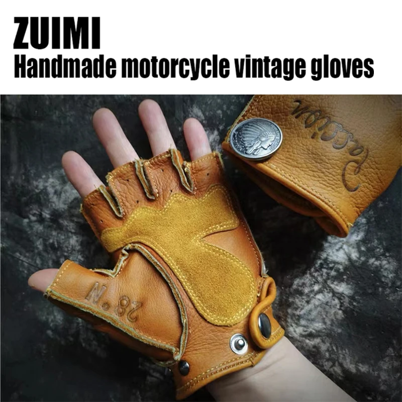 Motorrad handschuhe Herren fahren Retro Motorrad fahrer rutsch feste haltbare halbe Finger finger lose Fitness echte Ziegenleder handschuhe Image