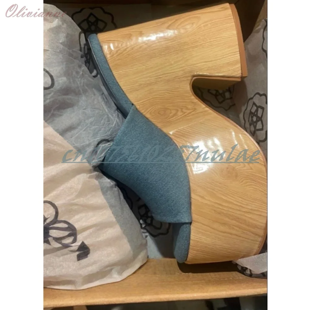 Blaue Denim Peep Toe Elegante Slipper Chunky High Heel Dicken Sohlen Party Mode Sexy Frauen Schuhe 2026 Sommer Zapatos Para Mujere
