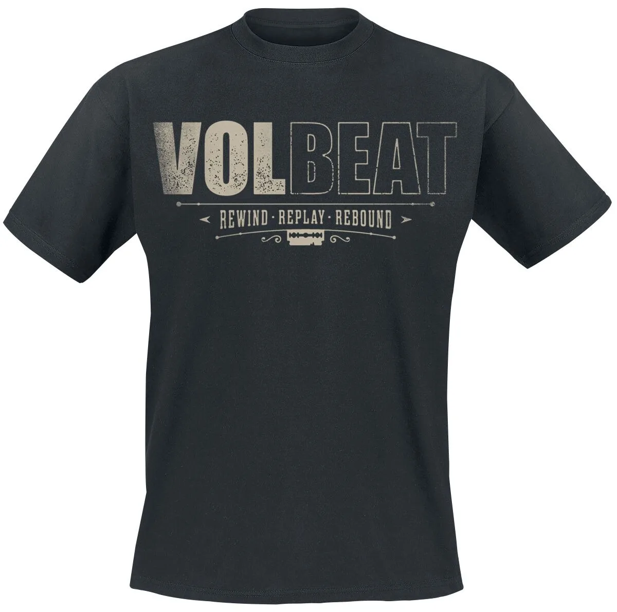 Volbeat Rewind Replay Rebound Razor Blade Logo Print Baumwoll-T-Shirt Rockabilly Streetwear Unisex-T-Shirt mit Rundhalsausschnitt