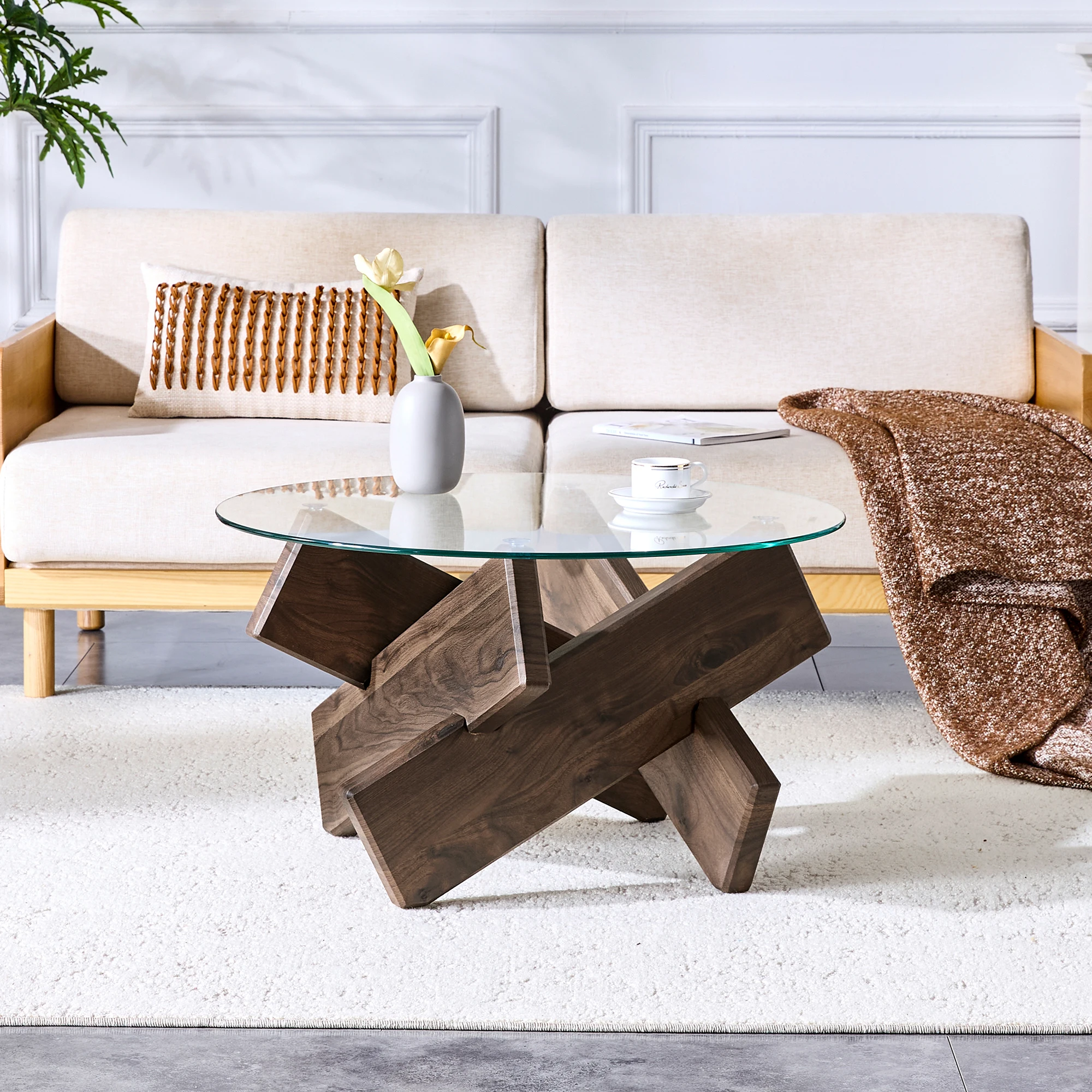 Mehrfarbiger optionaler runder Couchtisch aus MDF + Glas, schlicht und stilvoll. 79 cm Durchmesser, 0,8 cm dicke Oberfläche aus gehärtetem Glas.