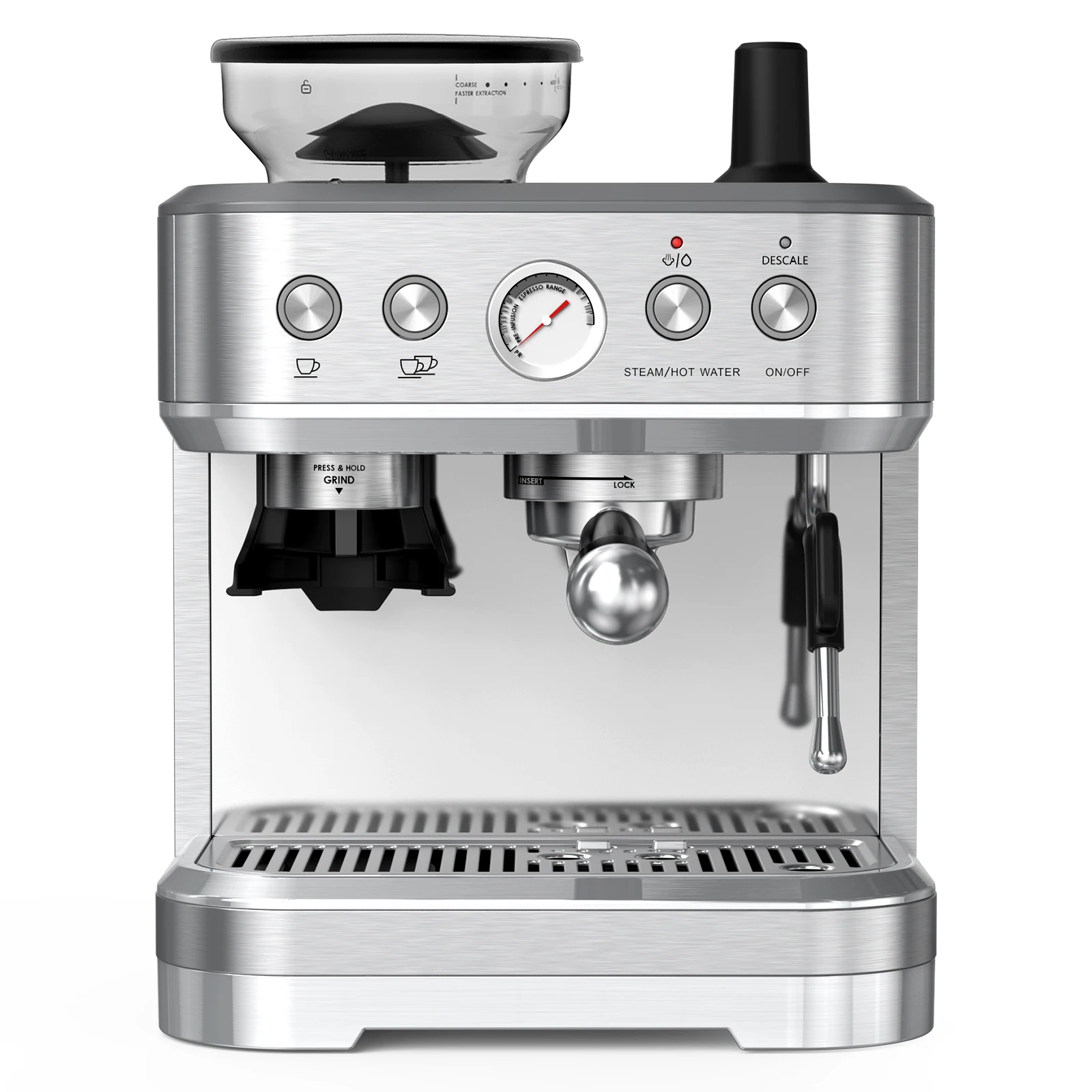 Espressomaschine mit Mahlwerk, 15-Bar-Kaffeemaschine aus Edelstahl mit Milchaufschäumer, Kaffeemaschine für Zuhause, Latte, Cappuccino Image