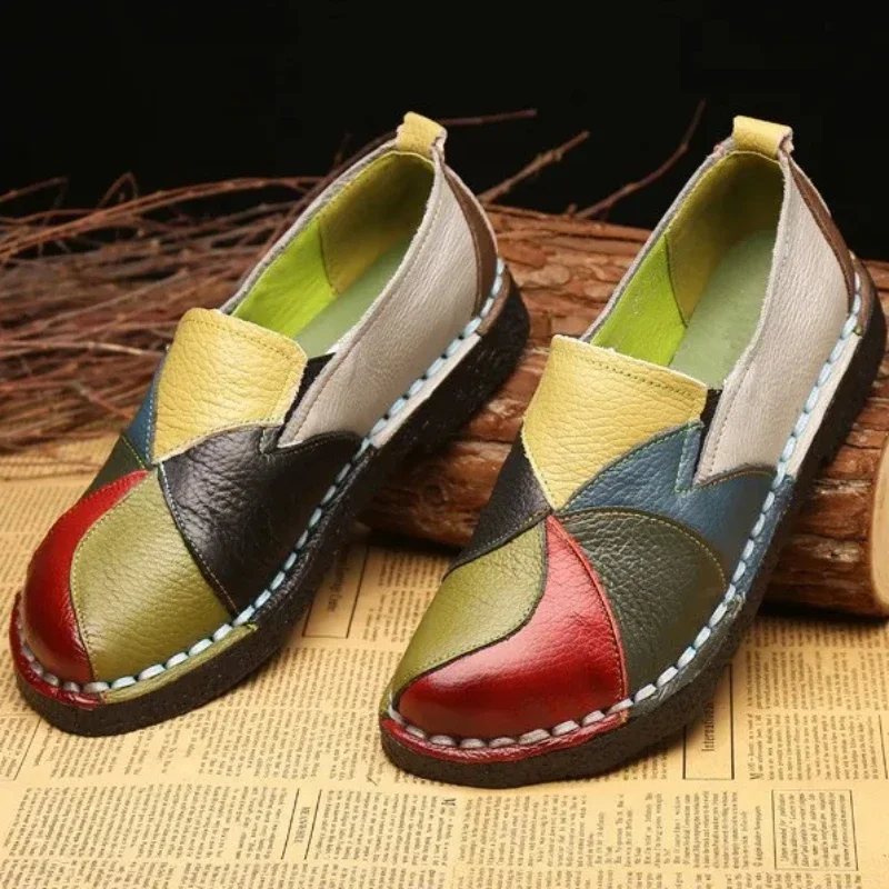 Mischfarbe Frauen Müßiggänger Retro Frauen Flache Schuh Weiche Damen Slip-ons Patchwork Frauen Mokassins Große Größe 43, Rasteiras Femininas