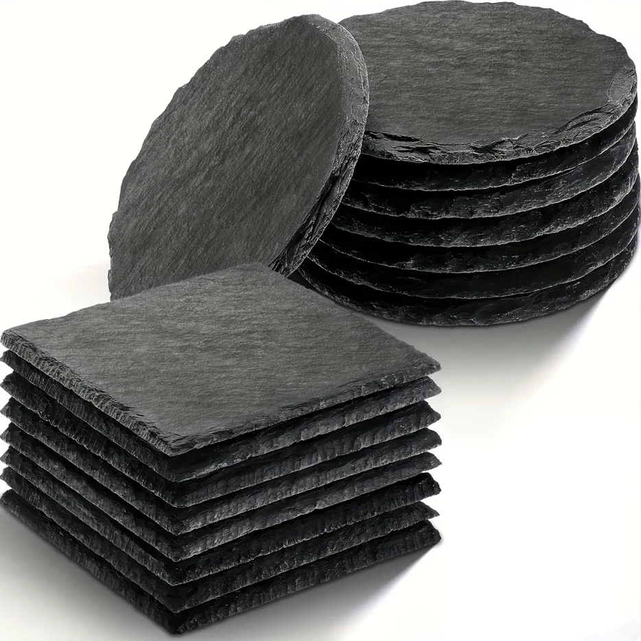 Dofiki Untersetzer aus Schiefer, 12 rund 12 quadratisch / 18 rund 18 quadratisch / 24 rund 24 quadratisch / 48 rund 48 quadratisch Stück, lasergravierbare Steinuntersetzer, Dekoration (10 x 10 cm) Image