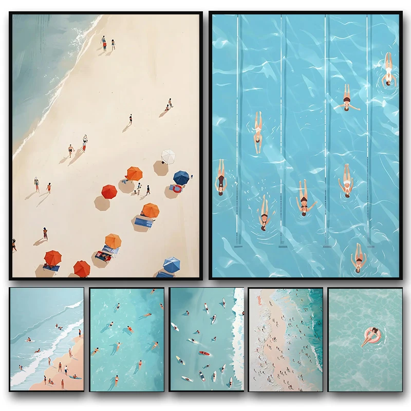 Abstrakte Sommer-Schwimmbad-Party Strand Meer Ozean Boot Wandkunst Drucke Poster Diamantmalerei Bild für Wohnzimmer-Dekoration