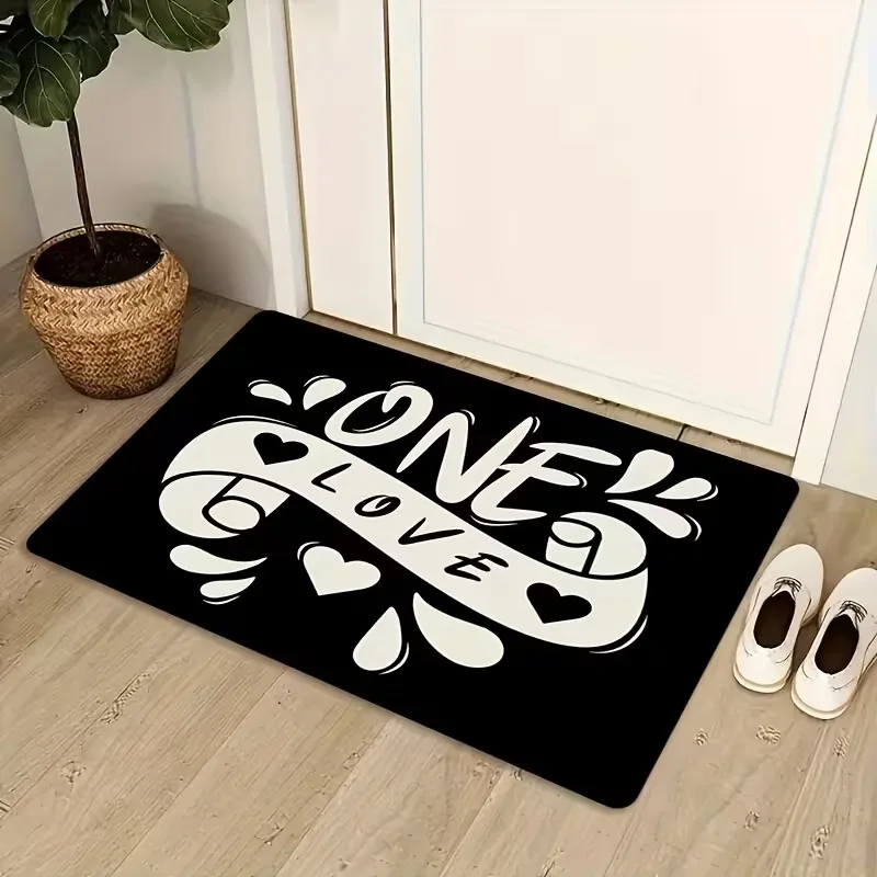 Fußmatte mit Herz-Schriftzug „One Love“, weicher, rutschfester Bodenteppich, romantischer, süßer Teppich mit Buchstaben-Dekor für den Eingangsbereich, Badezimmer, Küche, Geschenk Image