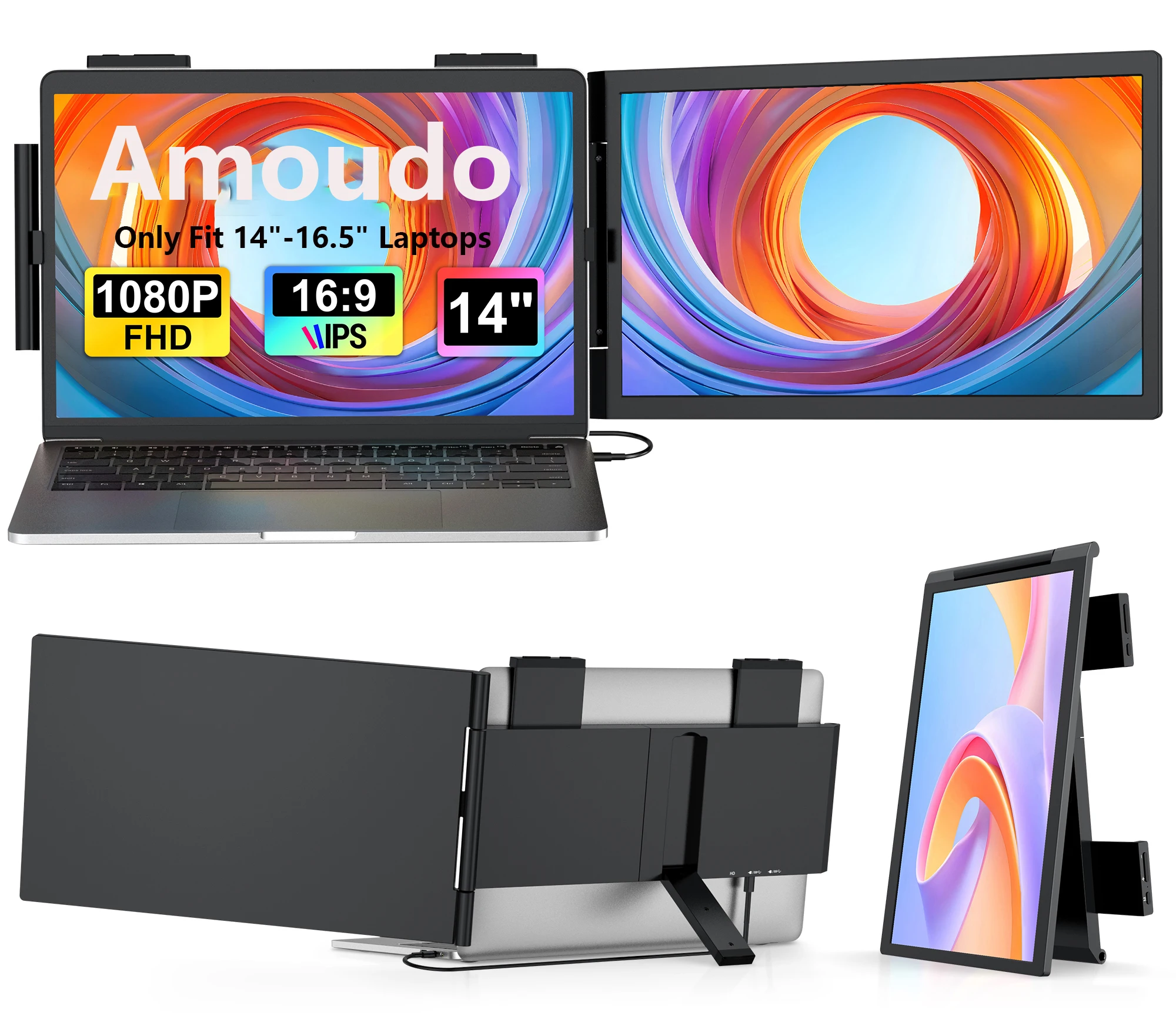 Amoudo Tragbarer Monitor 14 Zoll FHD 1080P IPS Bildschirm Laptop-Monitor-Erweiterung Zusatzbildschirm für Laptop Windows Mac Android Image