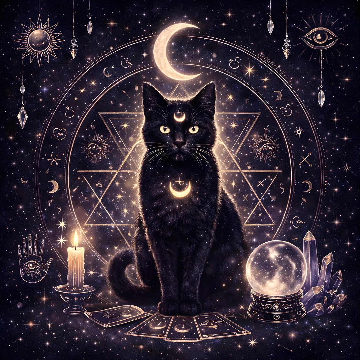 Schwarzes Katzen-Tarot-Tuch Rutschfeste Mond-Wahrsagematte für Tarot-Lesung Astrologie Meditation Image