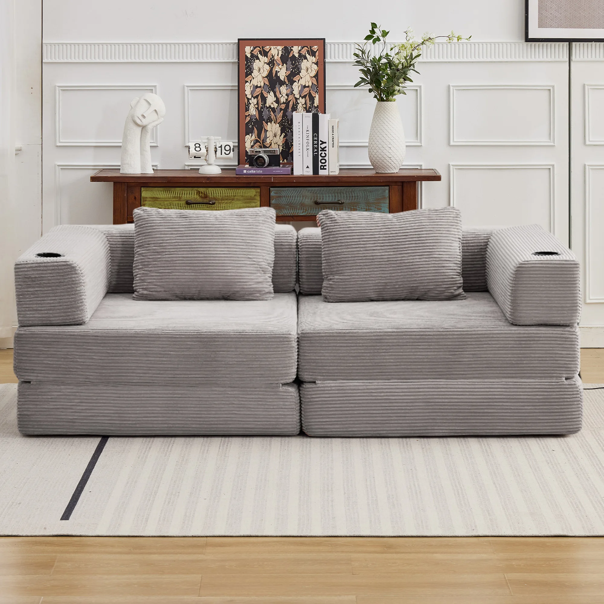 Graues 2-Sitzer Schlafsofa, Konvertierbares Cord-Bodensofa Ohne Montagebedarf, Modulares Schlafsofa Weiches Loveseat-Sofa für Wohnzimmer Image
