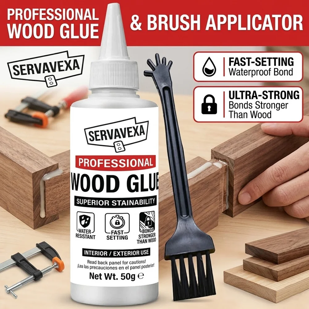 SERVAVEXA Professioneller Holzleim 50g, Schnell Härtender Wasserfester Klebstoff, Überlegene Befärbbarkeit für Holzarbeiten & Heimreparaturen Image