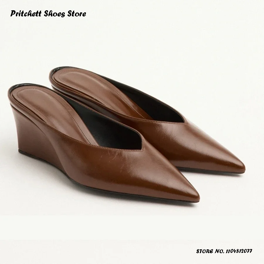 Women's Concise Wedges Leather Mules Spring Summer Pull On Casual High Heels Office Laides Pointed Toe Trendy Modern Slippers