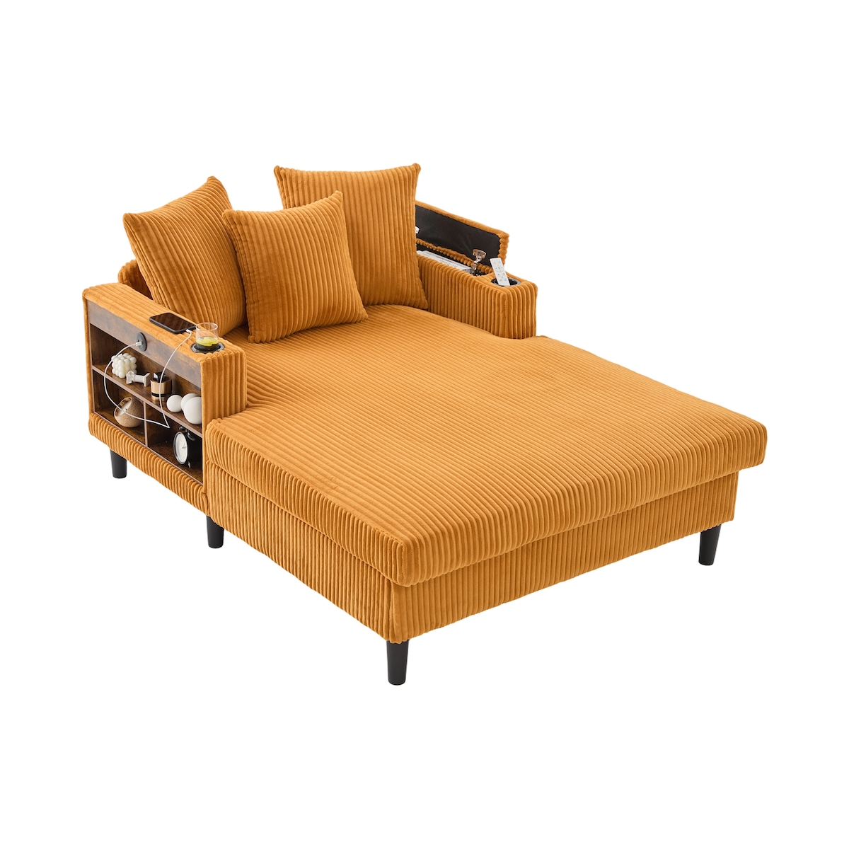 Merax Cord Schlafsofas, Chaiselongue, Lounge Sofa modern, mit LED Beleuchtung & USB, Getränkehalter, Stauraum, Seitentasche, Gelb Image