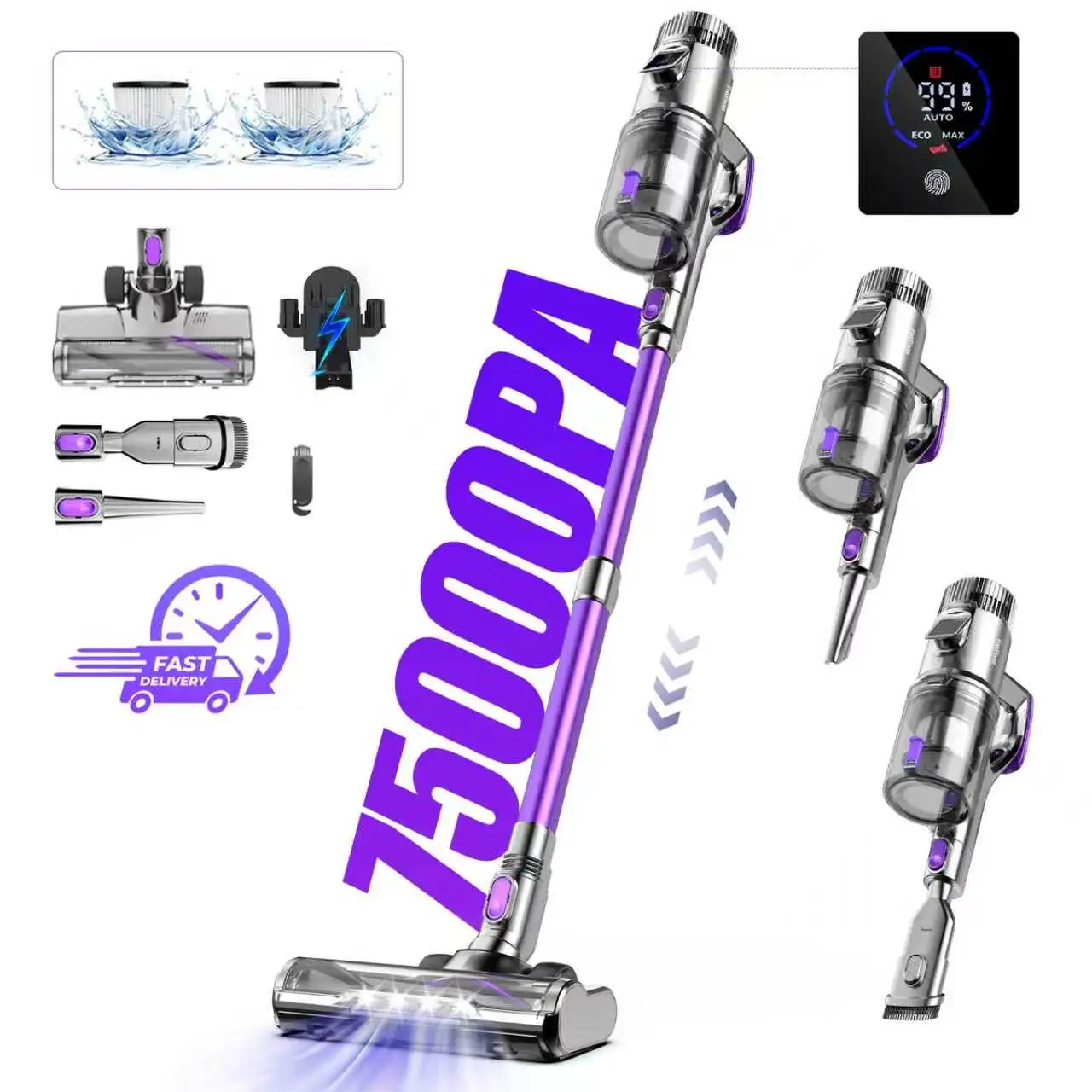 Aspirateur sans fil, aspirateur à main avec 75KPA/500W, aspirateur vertical avec système anti-emmêlement, aspirateur sans fil autoportant