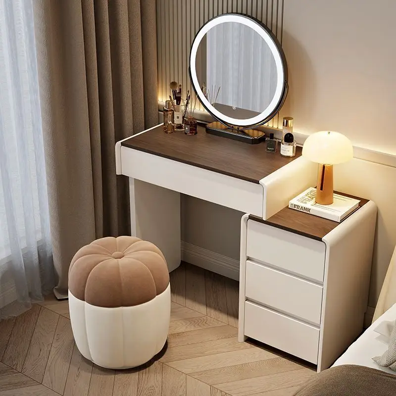 Moderner Europäischer Luxus-Schminktisch 60/70/80cm mit LED-Spiegel, Cremefarbener Holz-Make-up-Schrank für Kleine Wohnungen und Schlafzimmer Image