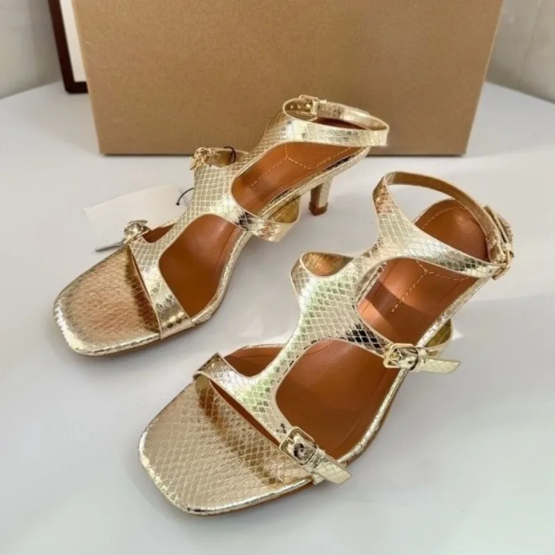 Metall Schnalle High Heels Frauen Gladiator Sandalen Offene spitze Gold Schlange Haut Muster Sommer Schuhe Marke Casual Dame Schuhe