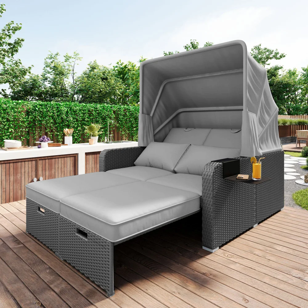 Polyrattan-Gartenmöbel für 2 Personen, Gartensofa, Lounge-Sofa, abnehmbare Markise, Polyrattan und Schaumstoff, grau
