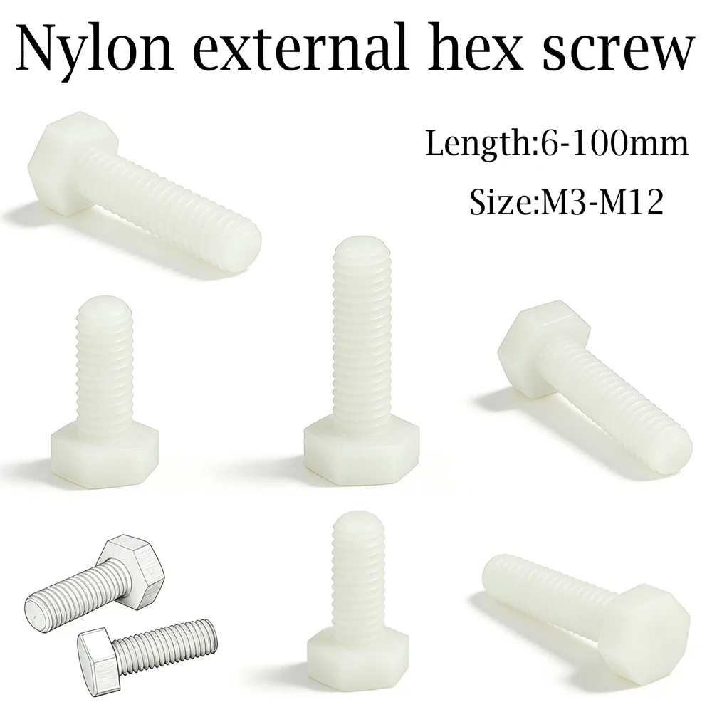 1–50 Stück M3–M12 Nylon-Sechskantschrauben-Sortiment, weiße Kunststoff-Gewindeschrauben mit metrischem Gewinde, 3–110 mm, für Heim- und Industriebefestigungen Image