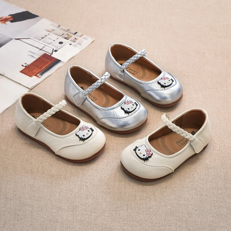 Sanrio Kinder-Freizeitschuhe, Hello Kitty, PU-Leder, Outdoor-Frühlingsschuhe für Mädchen, atmungsaktiv, rutschfest, weiß, silberfarben, Größe 21–30